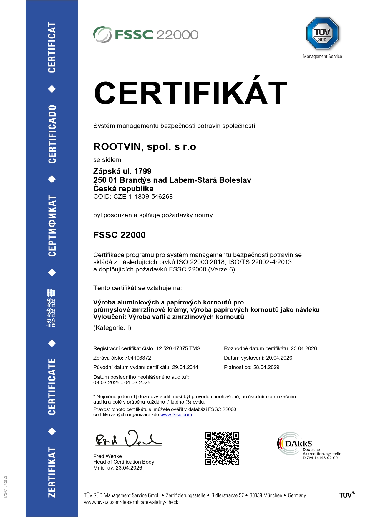Certifikát FSSC 22000