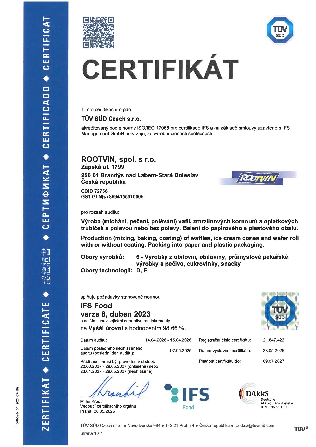 Certifikát IFS FOOD